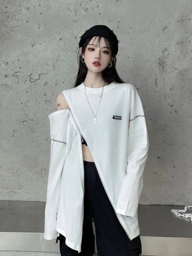 O-neck Style Harajuku Punk Off Zip Up T-Shirts - TechWearGiants